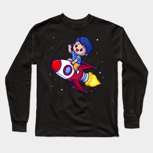 Cute Boy Riding Rocket In Space Cartoon Long Sleeve T-Shirt